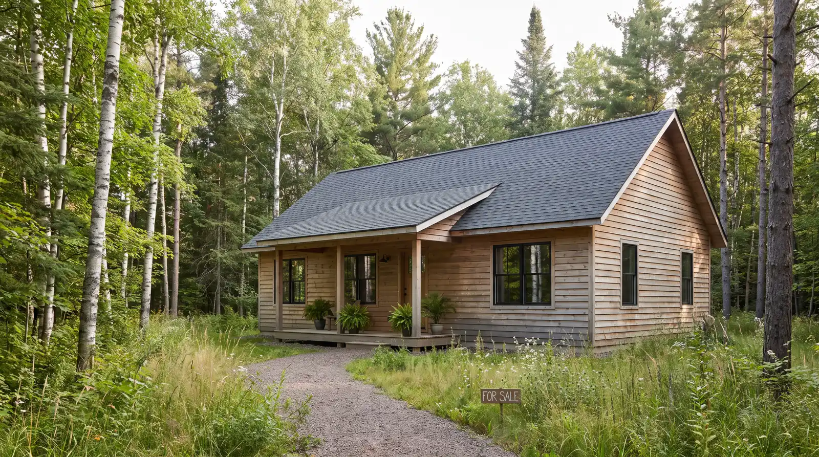 AI-generated sample: cedar cottage on a wooded Minnesota lot